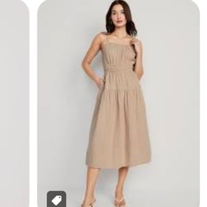 Old Navy, Waist-Defined Smocked Tiered Midi Cami Dress, Large, tan (dried linen)